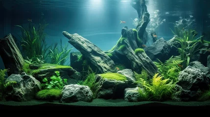 Poster Beautiful green aquascape with live aquarium plants and fish © Beny