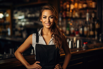 Beautiful Young European Woman Bartender . Сoncept Socialising As A Young European, The Life Of A Female Bartender, Trends In Europes Bar Culture, Being A Young Professional In The Service Industry