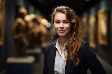 Obraz premium Beautiful Young European Woman Curator. Сoncept Young Female Curators In Europe, Inspiring Beauty Career For Young Women, Celebrating European Art Culture, Art As A Source Of Empowerment