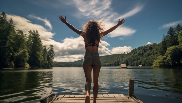 carefree leisure female woman traveller running alone wooden deck on the beautiful river or lake in forest nature park travel vacation in nature concept