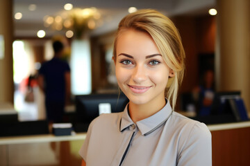 Beautiful Young European Woman Receptionist. Сoncept Young Receptionists In Europe, Gender Representation In The Workplace, Diversity In Professional Settings, Confidence And Professionalism
