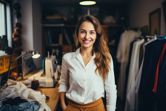 Beautiful Young European Woman Tailor. Сoncept Tailoring Basics For Beginners, Dressing Like A Young European Tailor, Femininity And Professional Style, Tailoring Industry Trends