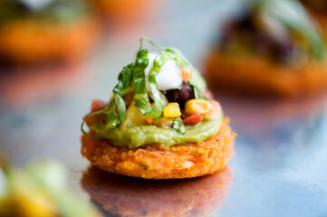 Savor the Flavor: Exquisite Guacamole Topped Cracker Appetizer - A Delightful Fusion of Crispiness and Creaminess, Perfectly Garnished with Red Onion, Corn Kernels, and Cilantro Sprig on a Chic Gray