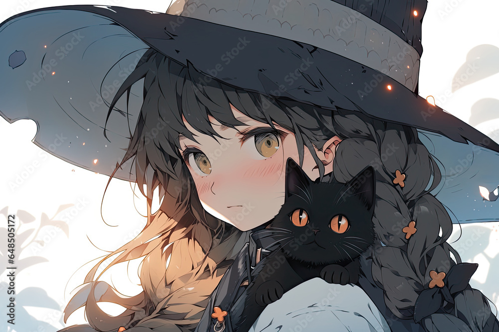 Wall mural cute witch anime girl with a black cat familiar