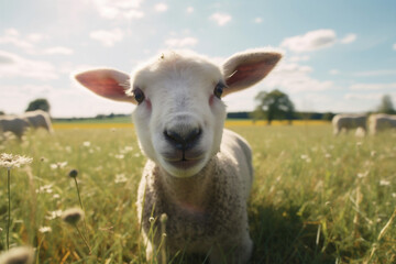 green wool animal farm sheep sun lamb meadow field grass. Generative AI.