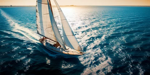 Deurstickers Regatta of sailing ships with white sails on the high seas. Aerial view of a sailboat in a windy state.   © Александр Марченко