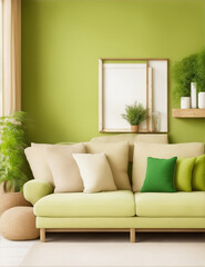 Rustic Elegance: Interior design of the modern Living Room with Beige Sofa and Green Wall.