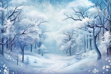 Winter woodland background with snowy trees. Generative AI