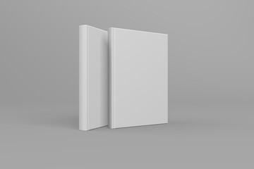 Realistic 3D book mockup illustration with 2 hard covers. Book model standing upright on isolated gray background with shadow. 2 hardcover books. Ready for you to present your design.