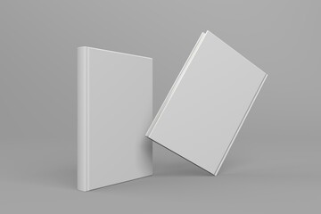 Realistic 3D book mockup illustration with 2 hard covers. Book model standing upright on isolated gray background with shadow. 2 hardcover books. Ready for you to present your design.