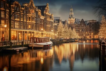 Fototapeta na wymiar Evening view of sparkling Amsterdam canals in December. Generative AI