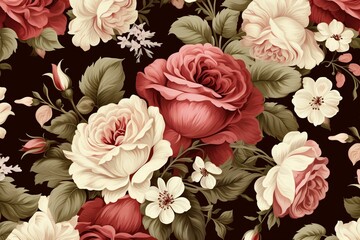 Pattern with elegant roses and flowers. Generative AI