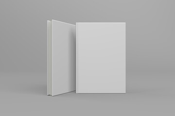 Realistic 3D book mockup illustration with 2 hard covers. Book model standing upright on isolated gray background with shadow. 2 hardcover books. Ready for you to present your design. - obrazy, fototapety, plakaty