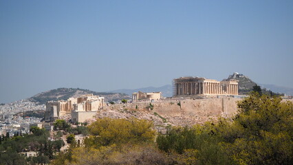 Fototapeta na wymiar Acropolis with Parthenon and the Herodion theatre. View from the hill of Philopappou, Athens, Greece.