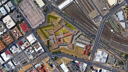 Castle of Good Hope, star/pentagon shaped castle, historical monument, aerial view from above –...