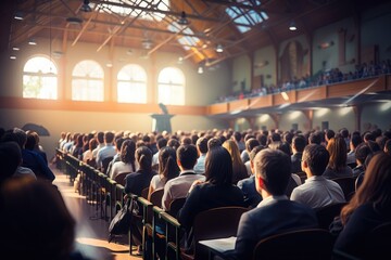 Business people or students are watching a presentation or attending training or a seminar in a conference room or auditorium.