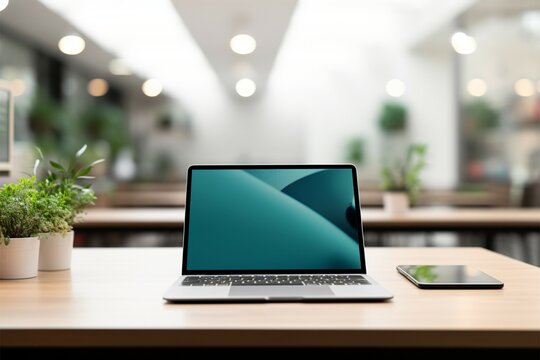 Wireless keyboard, tablet mockup, open space on tabletop, blurred office