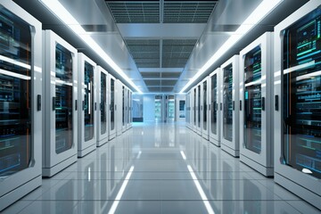 3D rendering of a white server room with computer storage systems