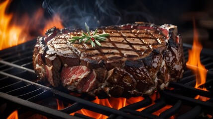 beef ribeye steak grilling on flaming grill