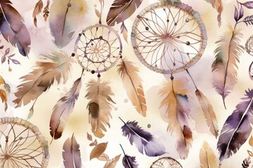 Seamless watercolor print of dream catchers, floral and tribal Navajo isolated illustration, bohemian ornament from Native American tribe decoration. Generative AI - obrazy, fototapety, plakaty