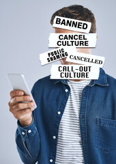 Cancel culture, overlay and phone with text on person for social media, cyber bullying and toxic...