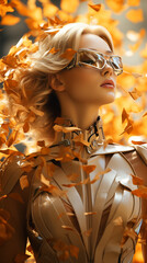 Blowing autum leaves and rain, beautiful top model robotic young woman, autumn background. AI Generative