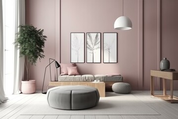 Modern Scandinavian living space with vertical poster frame, pink pouf, plant, and 3D rendering. Generative AI