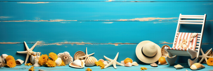 several summer items displayed on a rustic blue wooden backdrop: a collection evoking warm summer memories and beachside adventures. Ai Generated