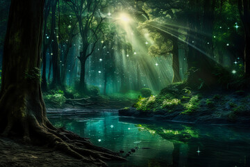 Enchanting forest scene illuminated by a mystical emerald light. Fairy tale outdoor background