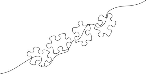 continuous single line drawing of jigsaw puzzle pieces, solving complex problem line art vector illustration
