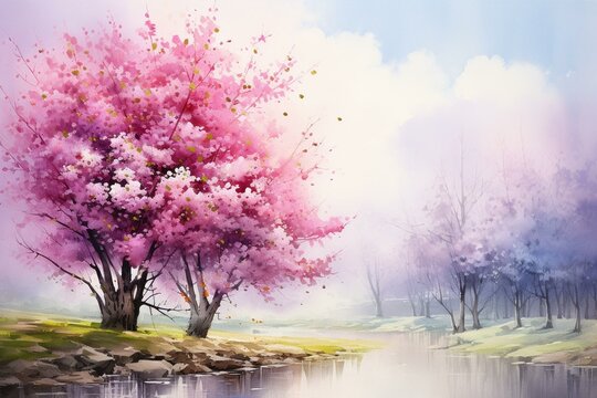 Watercolor artwork of blooming cherry blossom tree in spring. Generative AI
