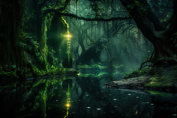 Enchanting forest scene illuminated by a mystical emerald light. Fairy tale outdoor background