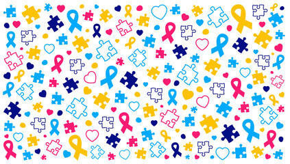 World autism awareness day puzzle pieces pattern background template celebrated in 2 April. use to banner, card, greeting card, poster, book cover, placard, frame, social media post banner template.