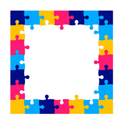World autism awareness day autism puzzle piece frame png design template celebrated in 2 April. use to background, banner, card, greeting card, poster, book cover, placard, photo frame, template.