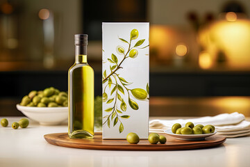 Culinary craft art mock up with olive oil and olives in cozy atmosphere - obrazy, fototapety, plakaty