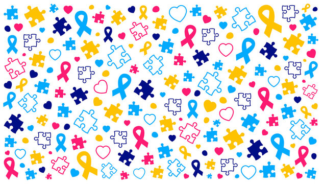 World autism awareness day puzzle pieces pattern background template celebrated in 2 April. use to banner, card, greeting card, poster, book cover, placard, frame, social media post banner template.
