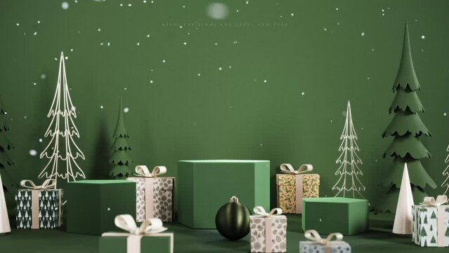 Winter Christmas scene with empty podium for product presentation. Luxury mockup podium with Christmas decoration and falling snow on green background. 3D Rendering, 3D Illustration