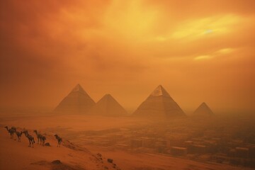 Fototapeta na wymiar Overlooking pyramids amid a foggy orange storm. Generative AI