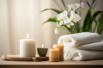 Obraz na płótnie Canvas Environment with mock up of spa products to find inner calm, tranquility and personal pampering