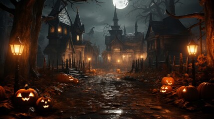 Fototapeta na wymiar graveyard Halloween pumpkins and ghosts in the style rendered in unreal engine
