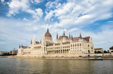 Fototapeta na wymiar Blue Sky View of Budapest Parliament from Danube River, Hungary.