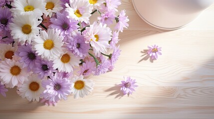 Obraz na płótnie Canvas Floral burst of daisies and lavender, emphasizing pastel beauty, on a light wooden table. Gorgeous wedding card with copy space. 