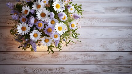Floral burst of daisies and lavender, emphasizing pastel beauty, on a light wooden table. Gorgeous wedding card with copy space. 