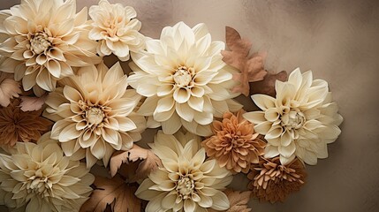 Organic layout of chrysanthemums in muted earth tones, against a beige textured paper. Floral event, card, celebration, promotion. 