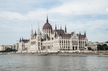 Fototapeta na wymiar View of Hungarian Parliament in Budapest from Danube River.