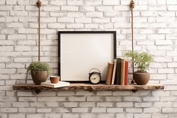 brick wall drift wood shelves and frame concept decor. generative ai.