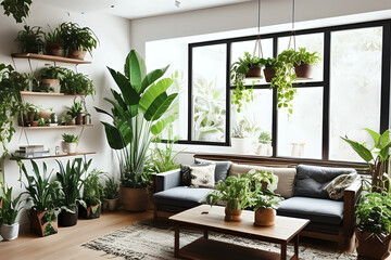 Living room interior design with wooden console, beautiful composition of plants in hipster and different pot designs, books and elegant personal accessories in home garden. - obrazy, fototapety, plakaty