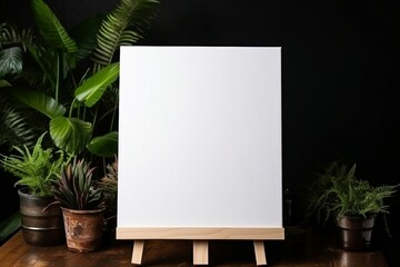 A white canvas displayed on a wooden easel, offering a designated copy space, accompanied by a desk and plant against a black background.
