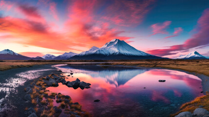 Fototapeta na wymiar Colorful sunrise over the snow covered mountains and reflective still water lake