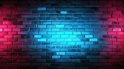 Red and Blue Neon Lights on Unplastered Brick Wall. Vibrant Background and Texture
